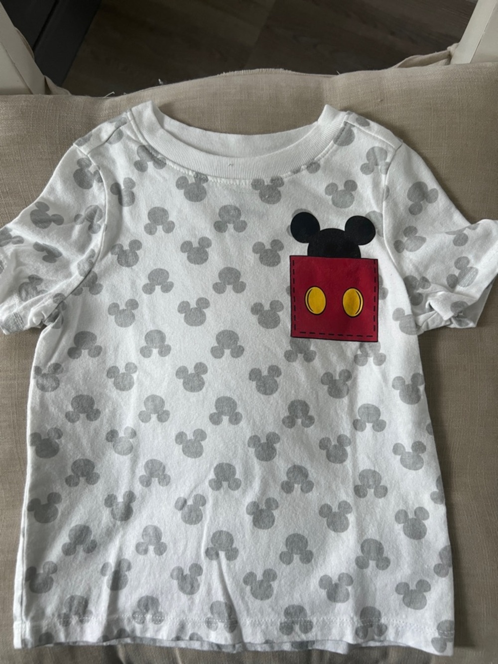 Old Navy White Tee with Gray Mickey Print and Red Pocket